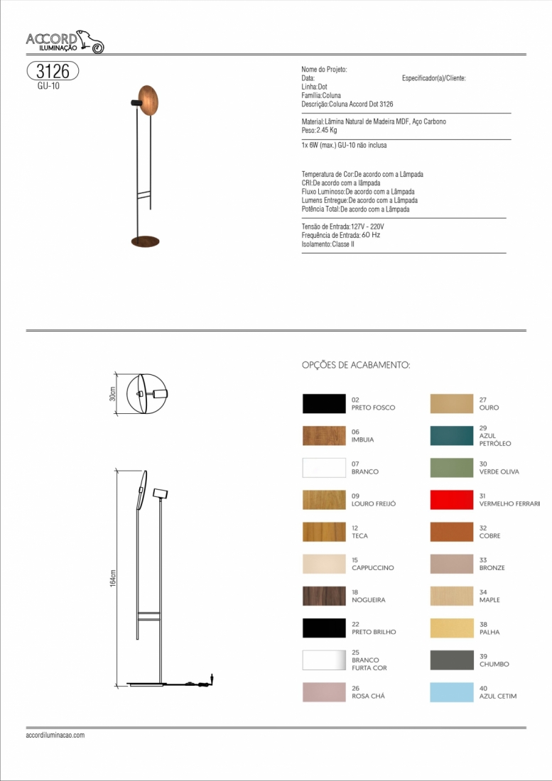 Coluna Accord Dot Madeira e Aço Carbono 1L Dicróica Ø300x1640mm 3126