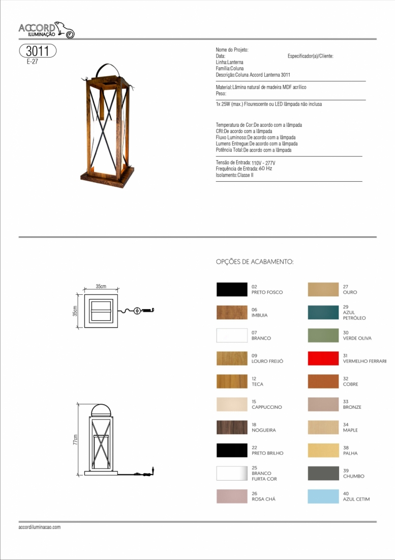 Lanterna de Piso Accord Lanterna 1L E27 350x350x770mm 3011