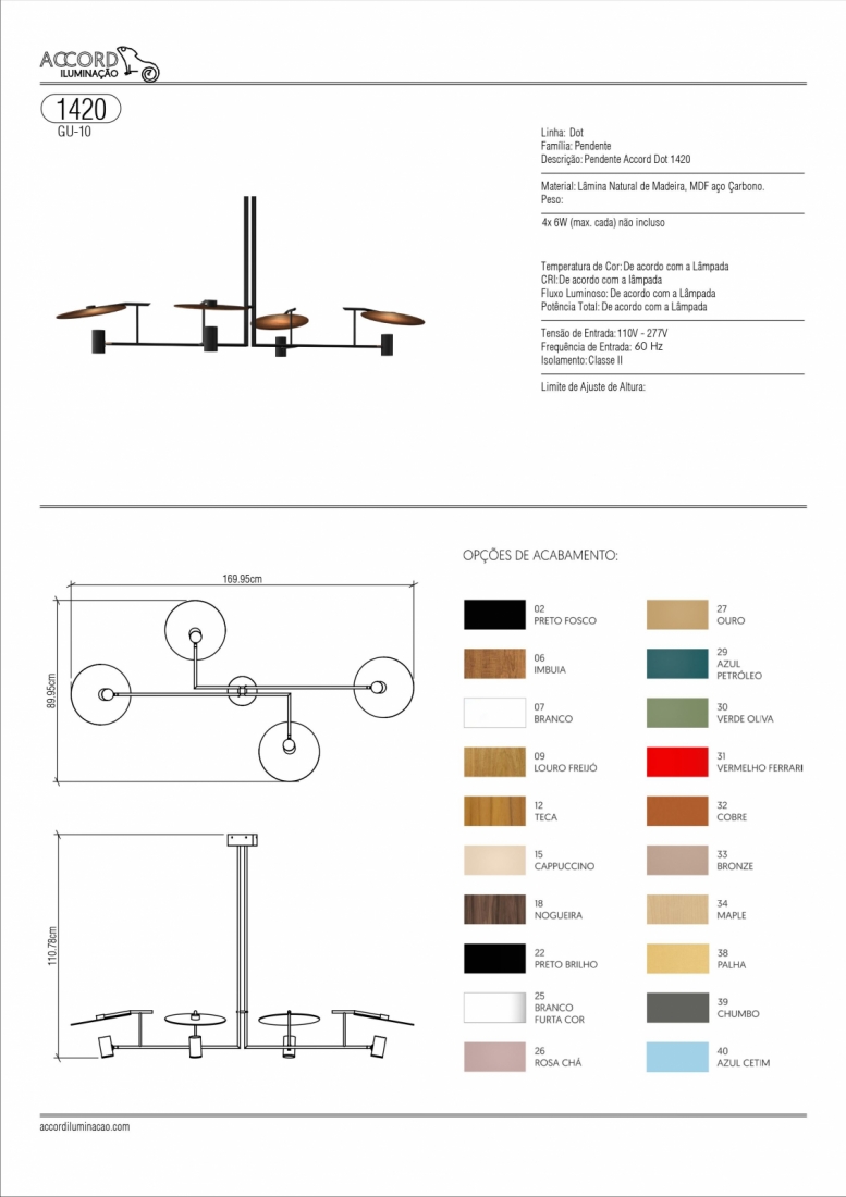 Pendente Accord Dot Retangular Madeira Natural e Aço Carbono 4L Dicróica 1700x90x111mm 1420