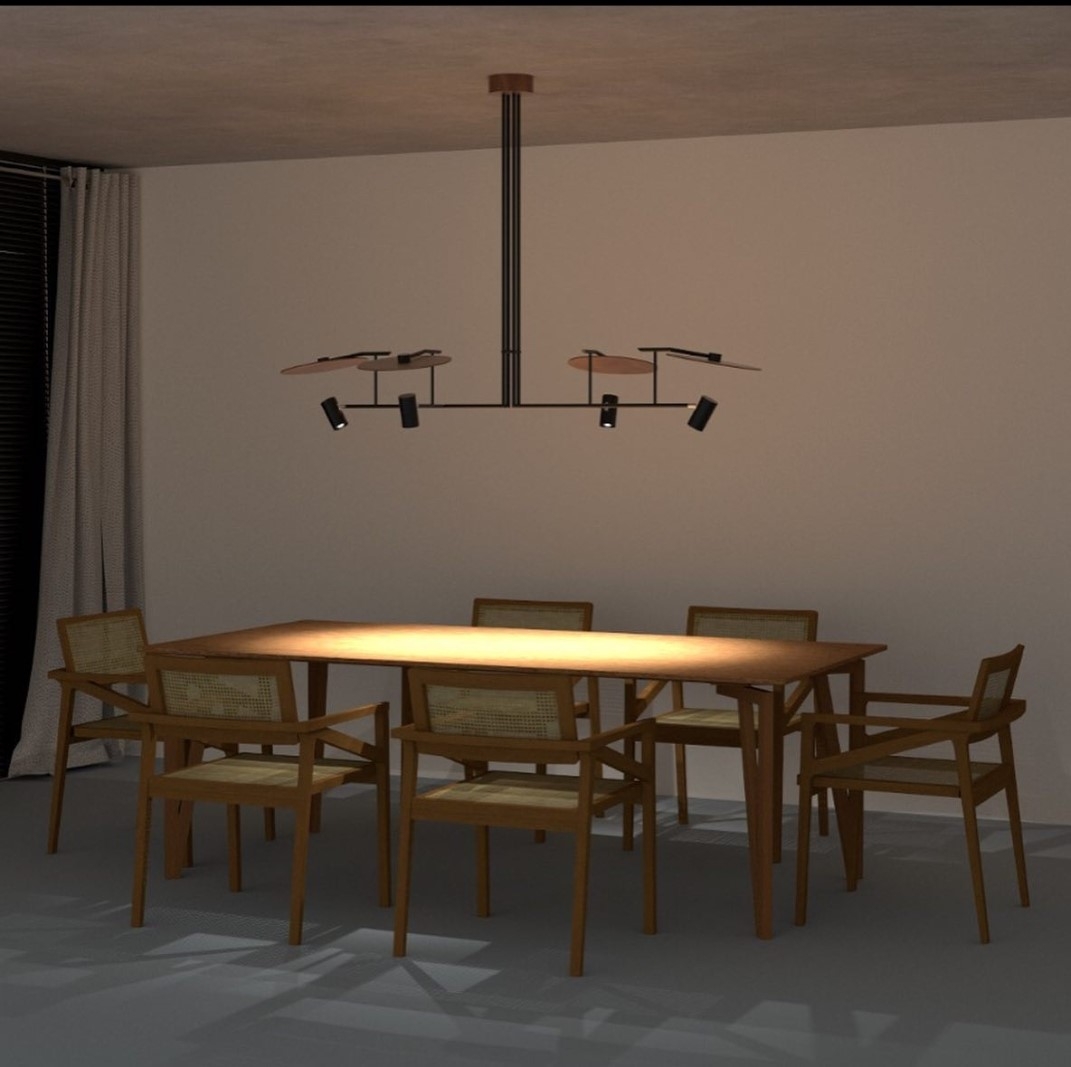 Pendente Accord Dot Retangular Madeira Natural e Aço Carbono 4L Dicróica 1700x90x111mm 1420