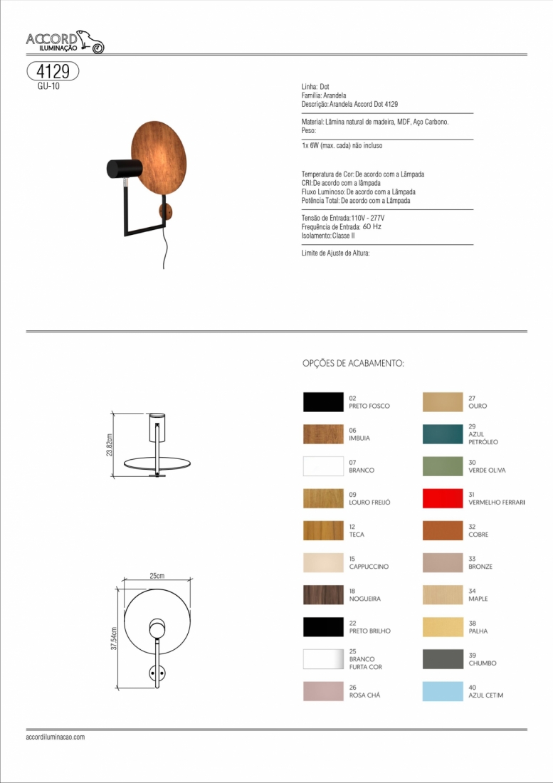 Arandela Accord Dot Madeira Natural e Aço Carbono 1L Dicróica 360x250mm 4129