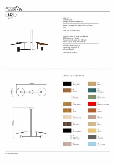 Pendente Accord Dot Retangular Madeira Natural e Aço Carbono 2L Dicróica 1080x300x111mm 1421
