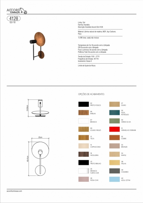 Arandela Accord Dot Madeira Natural e Aço Carbono 1L Dicróica 500x250mm 4128