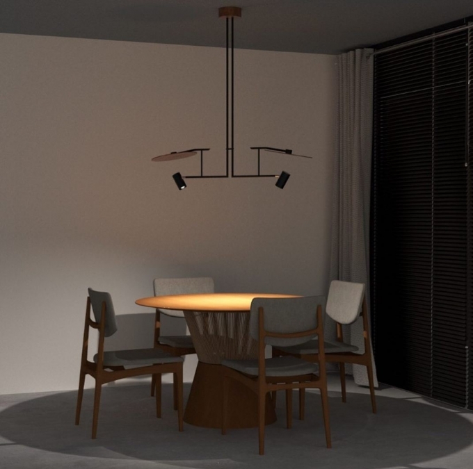 Pendente Accord Dot Retangular Madeira Natural e Aço Carbono 2L Dicróica 1080x300x111mm 1421