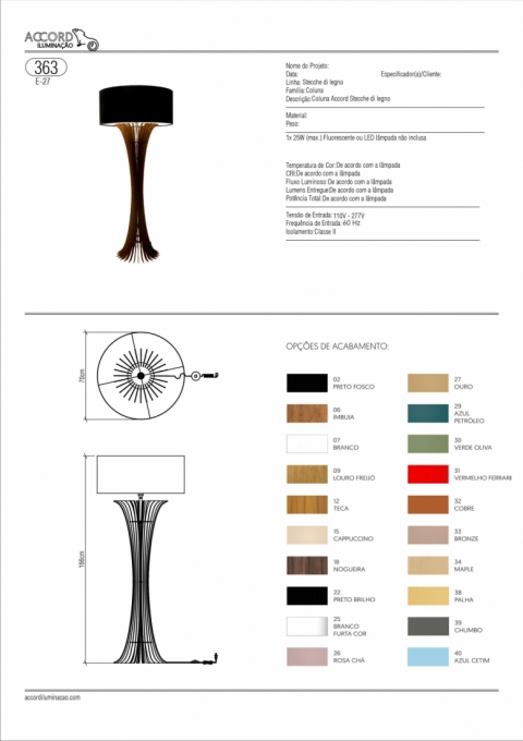 Coluna Accord Stecche Di Legno Curva Cúpula Tecido 1L E27 Ø700x1660mm 363