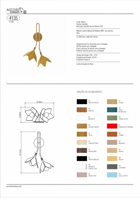 Arandela Accord Sakura Madeira e Aço Carbono 2L E27 620x430mm 4135