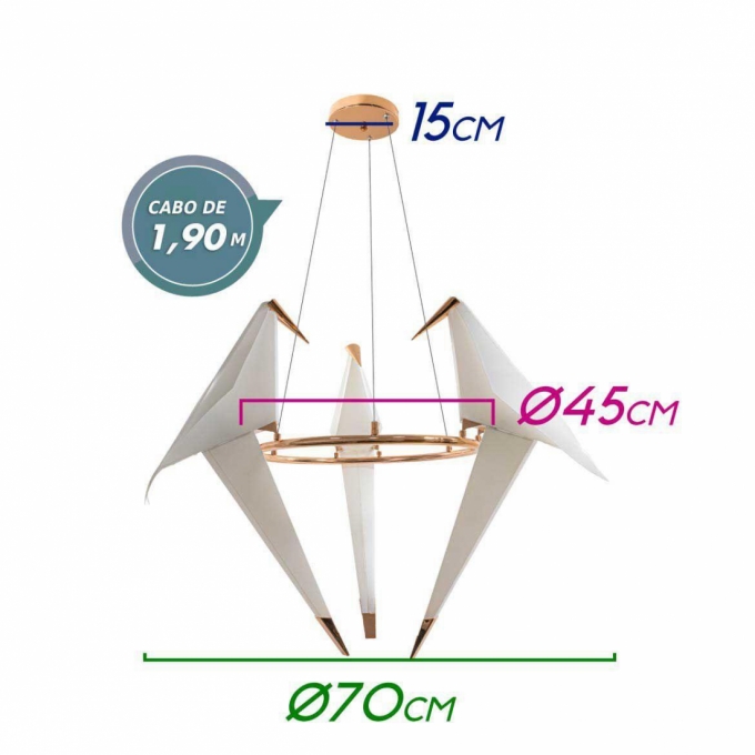 Pendente Starlux Bird Pássaro Origami Rose Gold 18 watts 2700K Ø600mm 12264-3L-RG