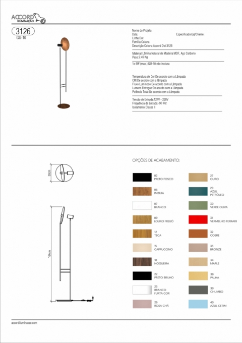 Coluna Accord Dot Madeira e Aço Carbono 1L Dicróica Ø300x1640mm 3126