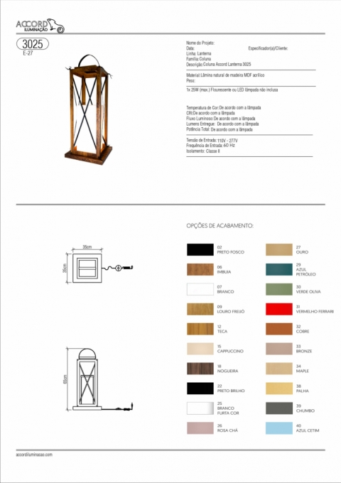 Lanterna de Piso Accord Lanterna 1L E27 350x350x650mm 3025