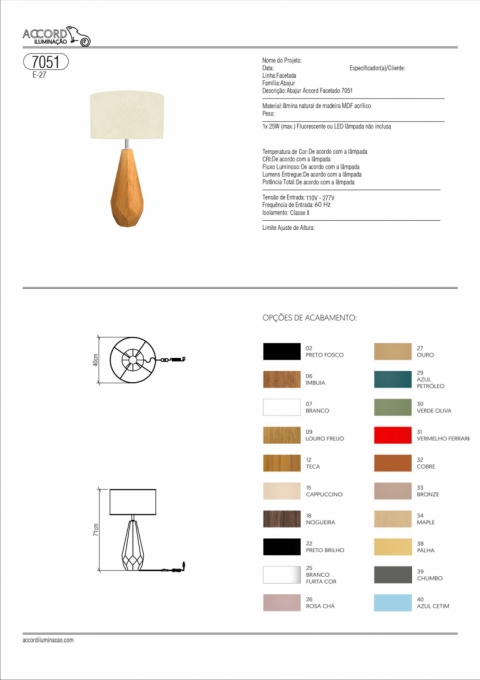 Abajur Accord Facetado Lâmina de Madeira 1L E27 Ø400x715mm 7051