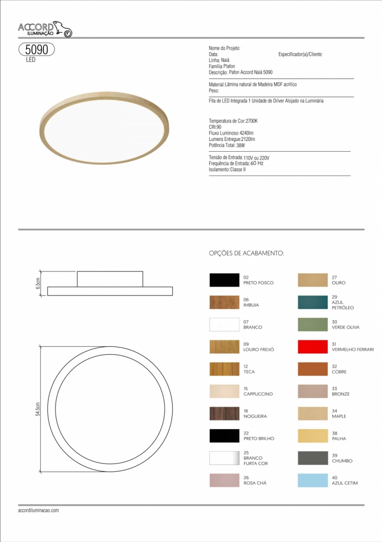 Plafon Accord Naiá 37 watts 2700K Bivolt Ø545x85mm 5090LED