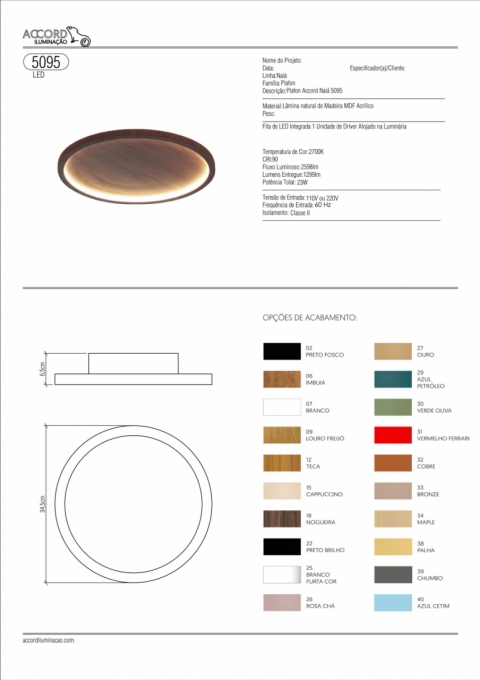 Plafon Accord Naiá 23 watts 2700K Bivolt Ø345x85mm 5095LED