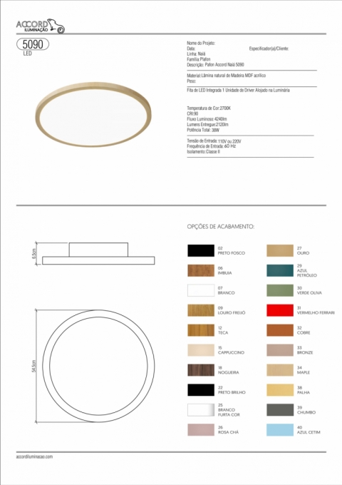 Plafon Accord Naiá 37 watts 2700K Bivolt Ø545x85mm 5090LED