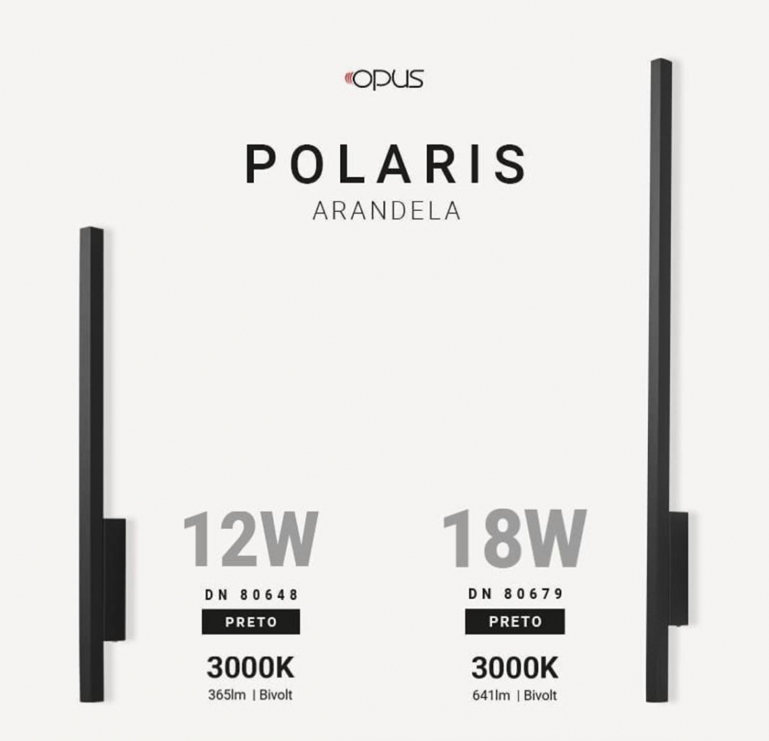 Arandela Opus LED Polaris 12 Watts 3000K 580mm Preto OPS 80648