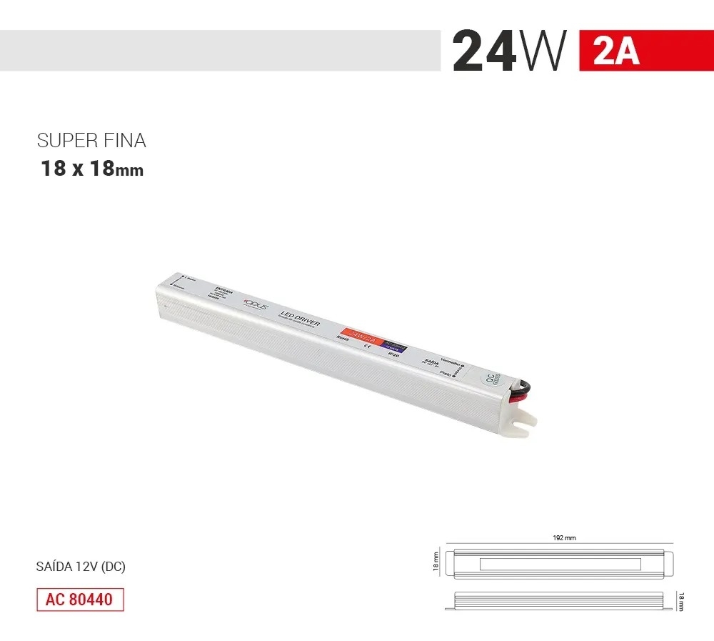Fonte 12V Slim Opus 24 Watts 2A IP20 Bivolt 192x18x18mm OPS 88033