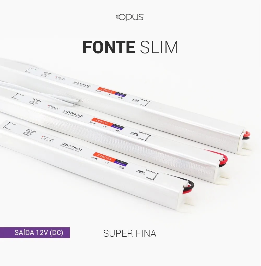 Fonte 12V Slim Opus 24 Watts 2A IP20 Bivolt 192x18x18mm OPS 88033