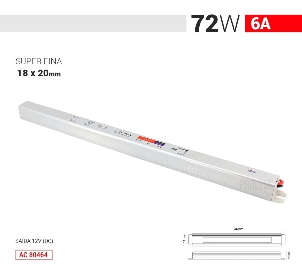 Fonte 12V Slim Opus 72 Watts 6A IP20 Bivolt 342x18x20mm OPS 88071