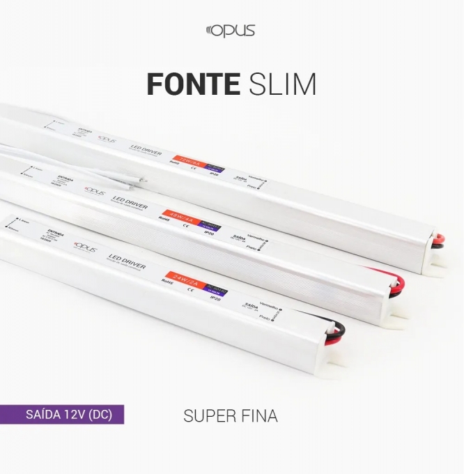 Fonte 12V Slim Opus 24 Watts 2A IP20 Bivolt 192x18x18mm OPS 88033