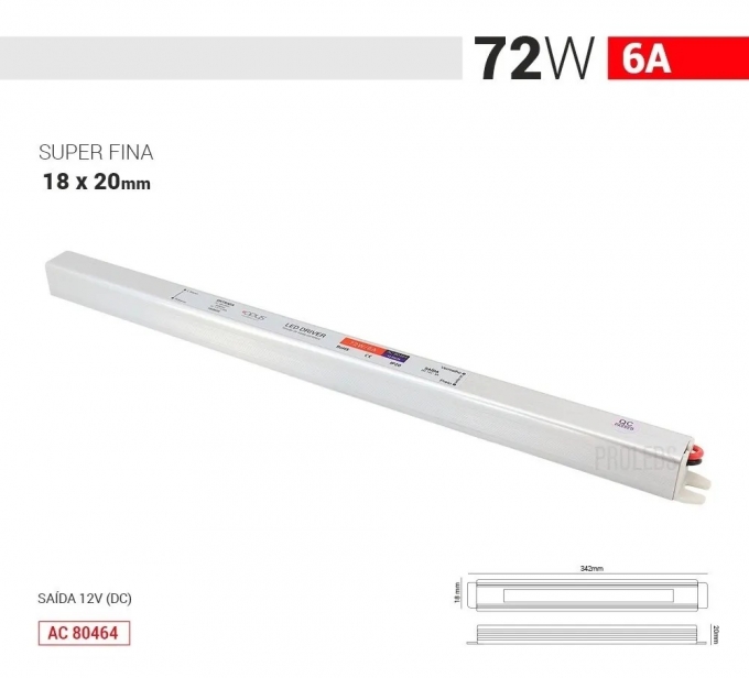 Fonte 12V Slim Opus 72 Watts 6A IP20 Bivolt 342x18x20mm OPS 88071
