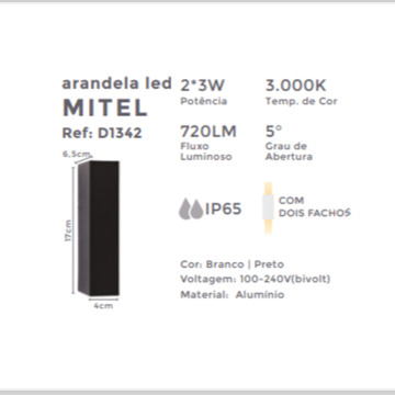 Arandela Nordecor Mitel 6 watts IP65 Duplo Facho 5° 3000K 168x65x38mm Preta 2008