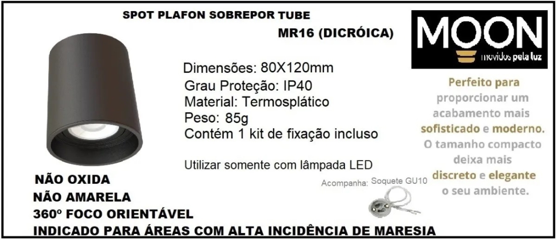 Spot Sobrepor Fixo Redondo Preto Tube Moon 1L Dicróica Ø80x120mm 1060632
