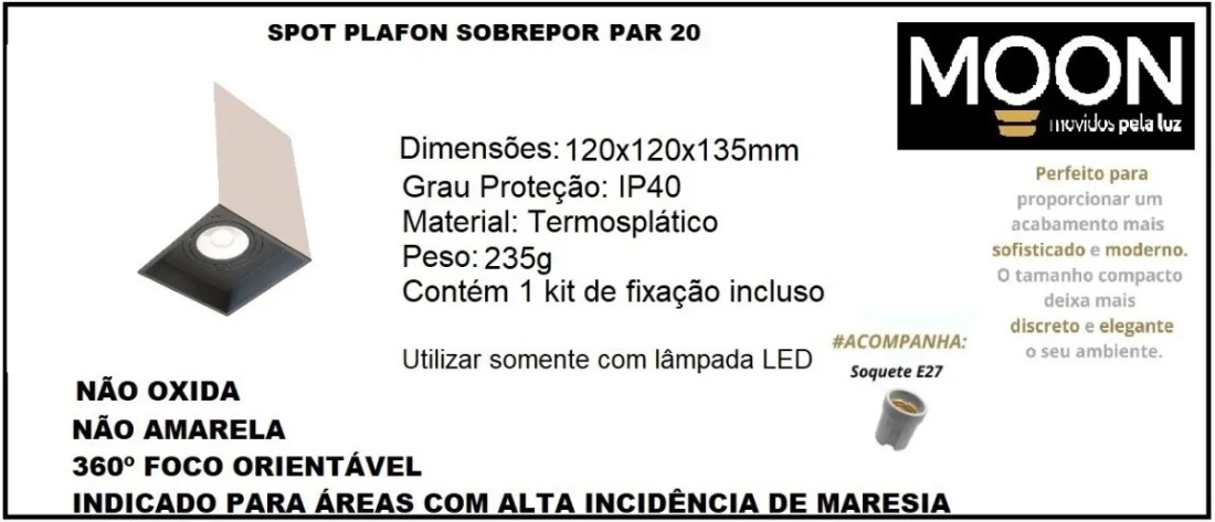 Spot Sobrepor Quadrado Branco e Preto Box Moon 1L PAR20 120x120x135mm 1060627