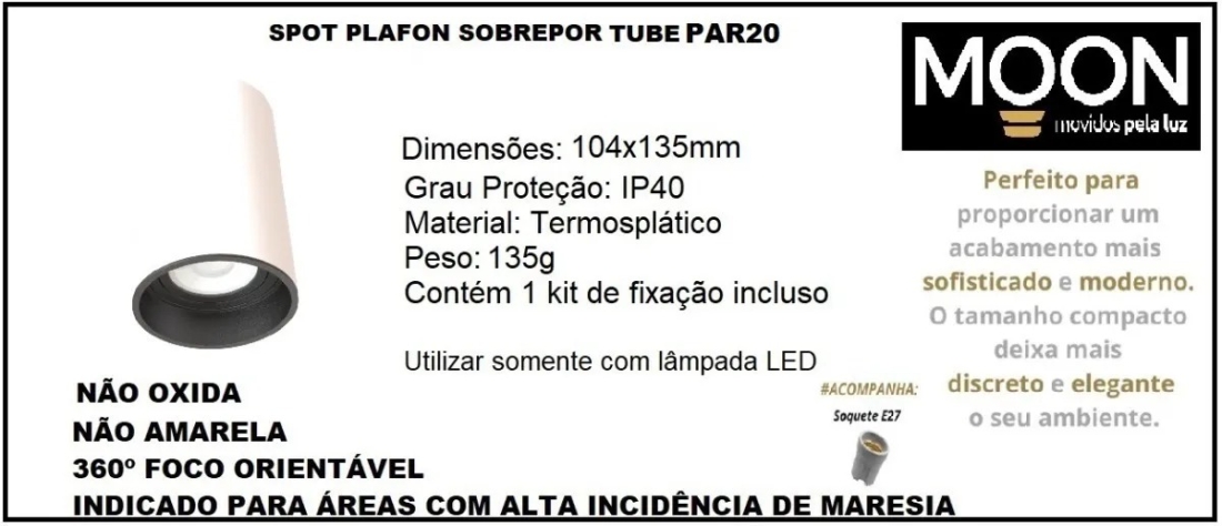 Spot Sobrepor Fixo Redondo Branco e Preto Tube Moon 1L PAR20 Ø104x135mm 1060636
