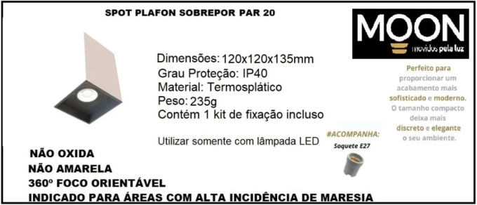 Spot Sobrepor Quadrado Branco e Preto Box Moon 1L PAR20 120x120x135mm 1060627