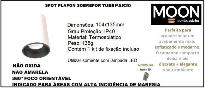 Spot Sobrepor Fixo Redondo Branco e Preto Tube Moon 1L PAR20 Ø104x135mm 1060636