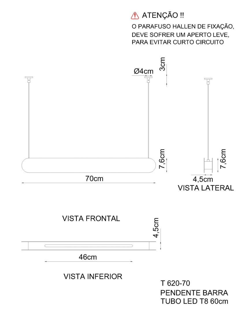 Pendente Golden Art Barra Linear 1L Tubular 600mm  700x75x40mm T620-70PI 
