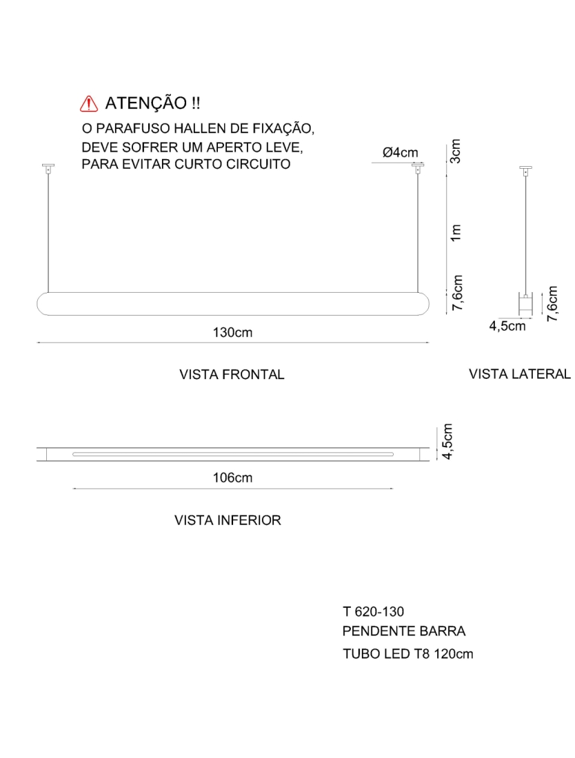 Pendente Golden Art Barra Linear 1L Tubular 1200mm  1300x75x40mm T620-130PI