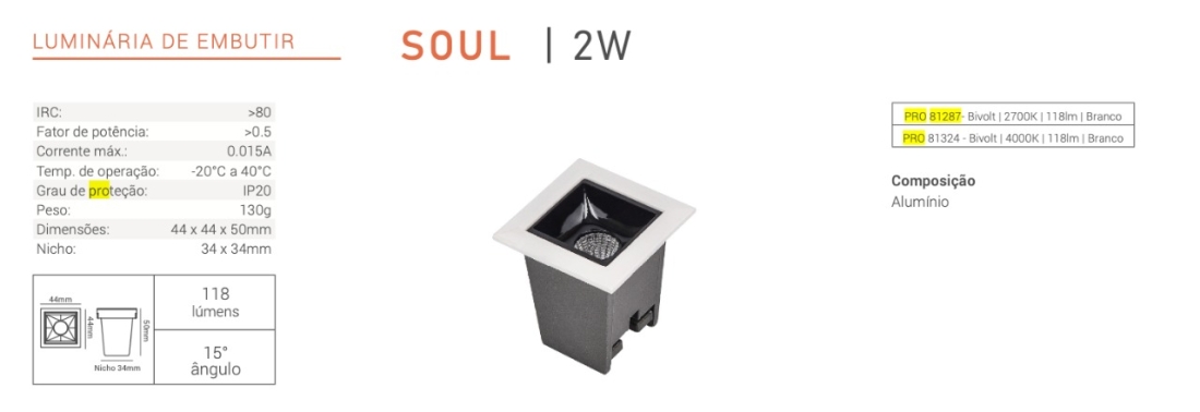 Spot Embutir Opus LED Soul 2 watts 4000K IRC90 30° IP20 44x44mm Branco Fundo Preto OPS 81331