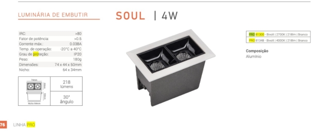 Spot Embutir Opus LED Soul 4 watts 4000K IRC90 30° IP20 74x44mm Branco Fundo Preto OPS 81348