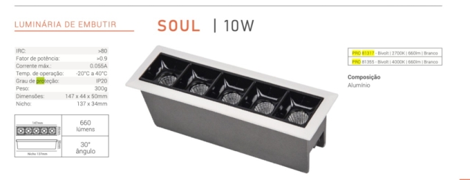 Spot Embutir Opus LED Soul 10 watts 4000K IRC90 30° IP20 144x44mm Branco Fundo Preto OPS 81355