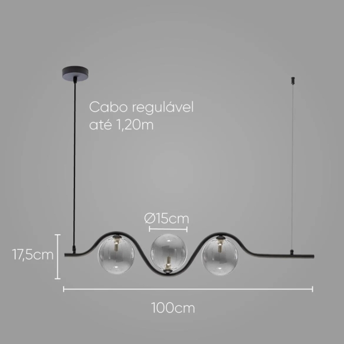 Pendente Starlux Malu Preto Fosco e Smoky 3L G9 1030mm ZR126-SKY