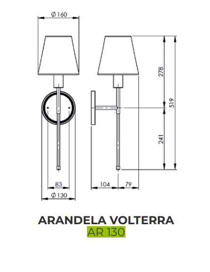 Arandela Foco Metallo Volterra 1L E27 Metal e Tecido 160x183x519mm AR 130