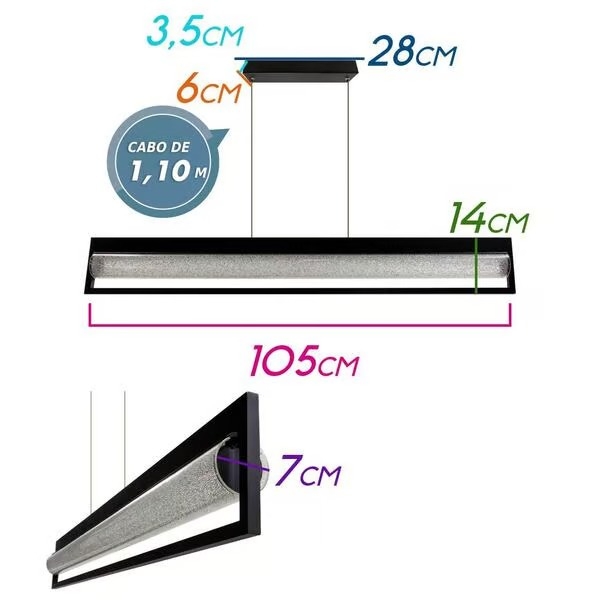Pendente Starlux Lavinia Preto 24 Watts 2700K 1050x70x140mm PBK31213-24W