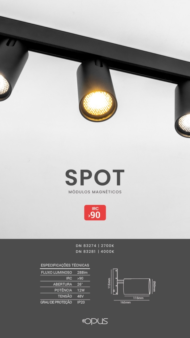 Módulo Magnético Opus LED Spot 12 watts 2700K 48V IRC90 26° IP20 Ø60x116mm Preto OPS 83274