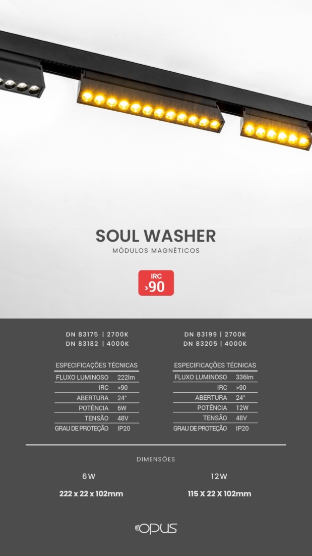 Módulo Magnético Opus LED Soul Washer 6 watts 2700K 48V IRC90 24° IP20 115x22x102mm Preto OPS 83175
