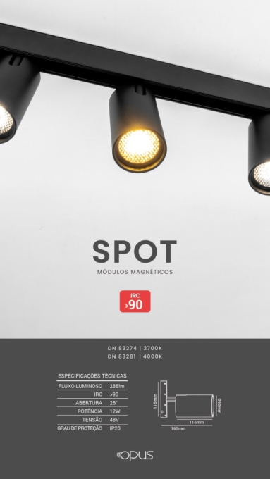 Módulo Magnético Opus LED Spot 12 watts 2700K 48V IRC90 26° IP20 Ø60x116mm Preto OPS 83274