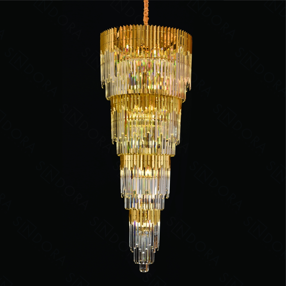 Lustre Sindora Metal Inox Dourado e Cristal Transparente 42L E14 Ø750x2000mm DCD03909