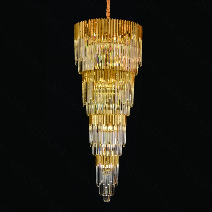 Lustre Sindora Metal Inox Dourado e Cristal Transparente 42L E14 Ø750x2000mm DCD03909