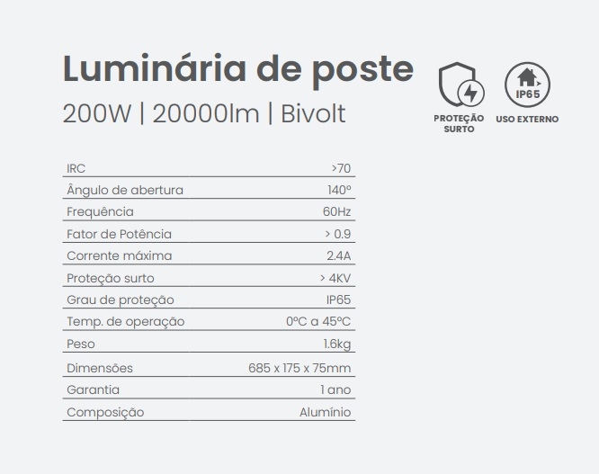 Luminária para Poste Opus LED 200 watts 6500K IP65 685x175x75mm Preto OPS 82581