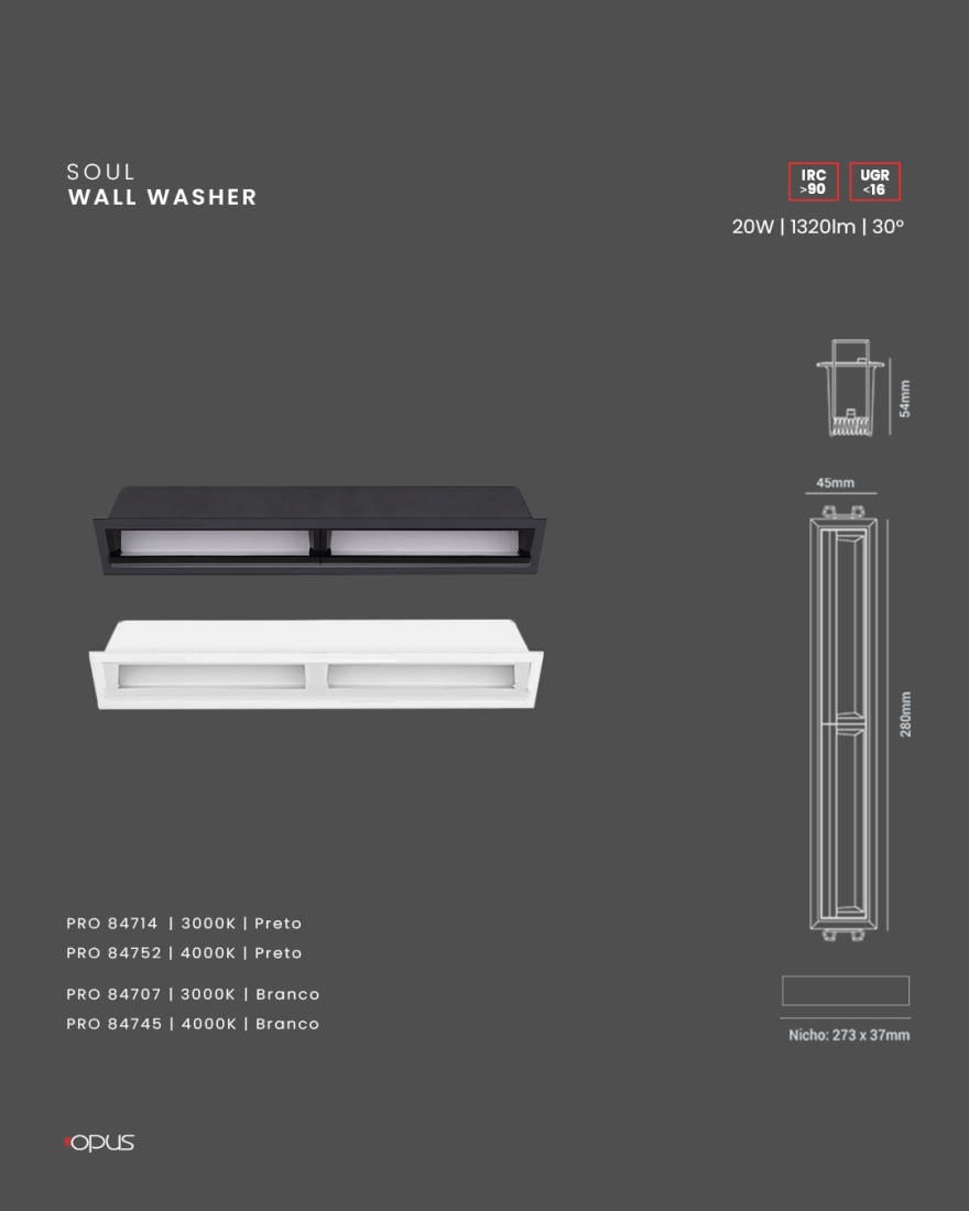 Luminária de Embutir Opus LED Wallwasher 20 watts 3000K IRC90 30° IP20 280x45x49mm Preto OPS 84714