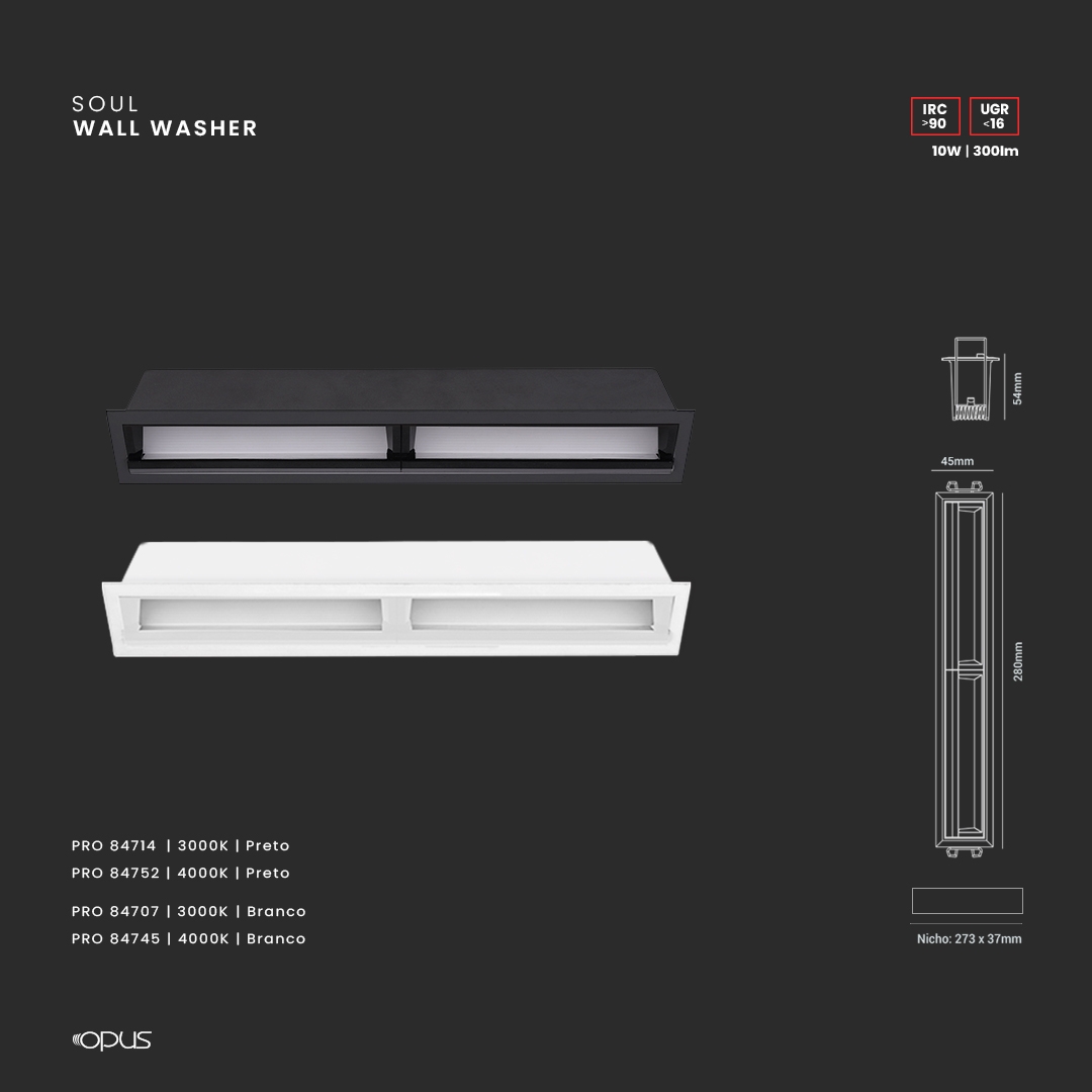 Luminária de Embutir Opus LED Wallwasher 20 watts 3000K IRC90 30° IP20 280x45x49mm Preto OPS 84714