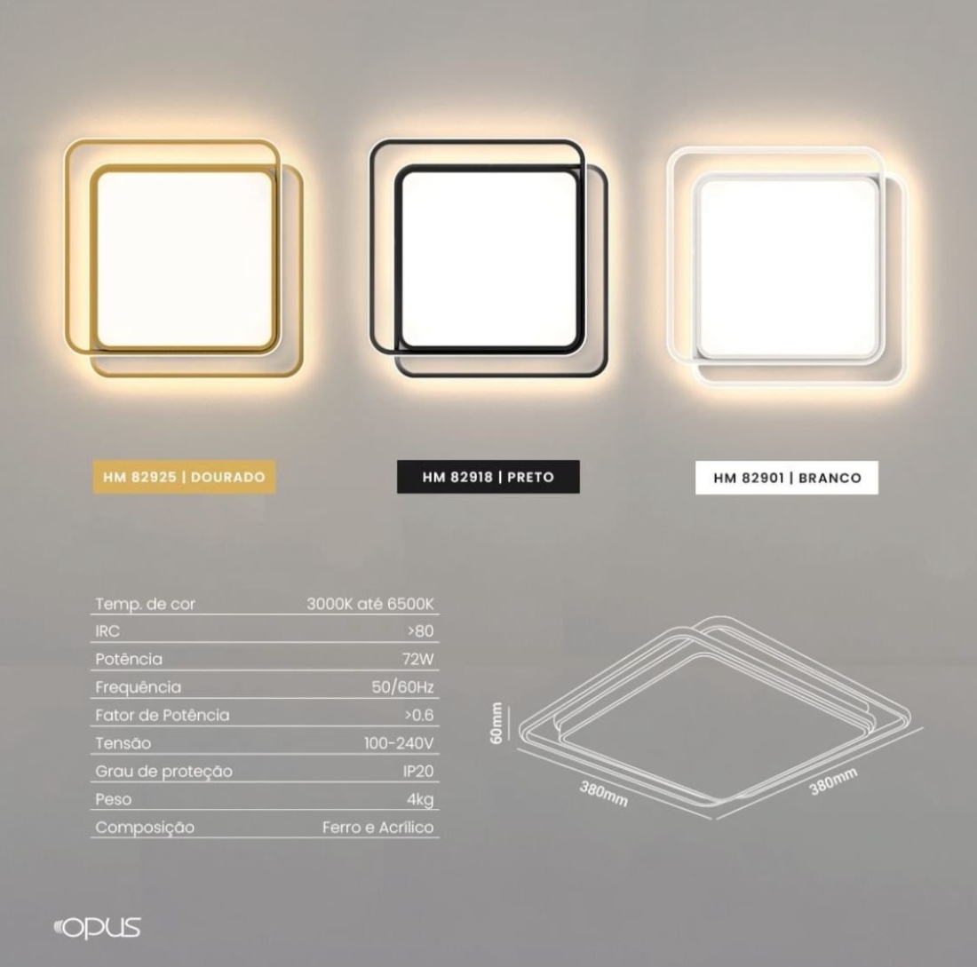 Plafon Opus LED Hoop Preto 72 watts Multitemperatura Bivolt 380x380mm OPS 82918
