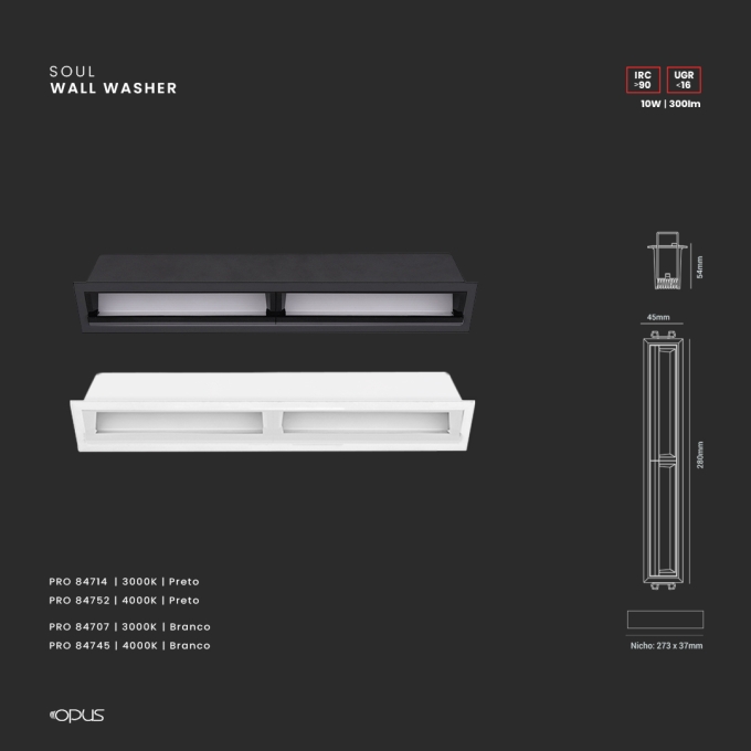 Luminária de Embutir Opus LED Wallwasher 20 watts 4000K IRC90 30° IP20 280x45x49mm Preto OPS 84714
