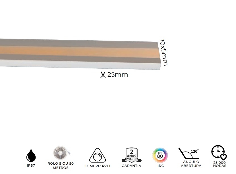 Fita LED MK Iluminação Cob 10w/mt 320 Leds IP67 12V 320 Lúmens 10x5mm (Rolo 5 metros)