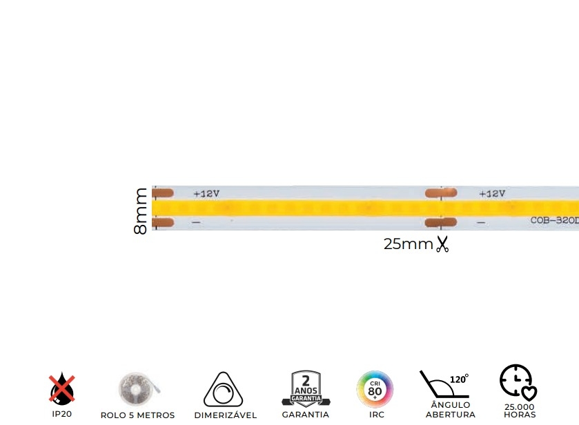 Fita LED MK Iluminação Cob 10w/mt 320 Leds IP20 12V 1000 Lúmens 8mm (Rolo 5 metros)