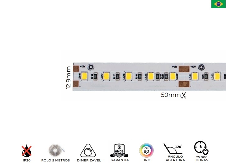 Fita Fibra LED MK Iluminação 24w/mt 100 Leds IP20 12V 2800 Lúmens 12,8mm (Rolo 5 metros)